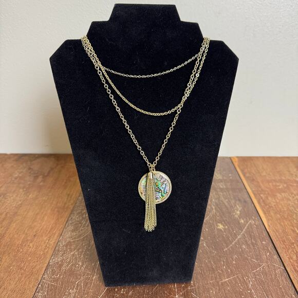 Boutique Jewelry - Boutique Silver Tone Pearlescent Medallion Tassel‎ charm long necklace